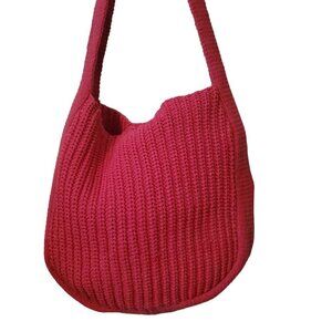 Handmade Hot Pink Knit Crochet Tote Bag With Long Shoulder Strap